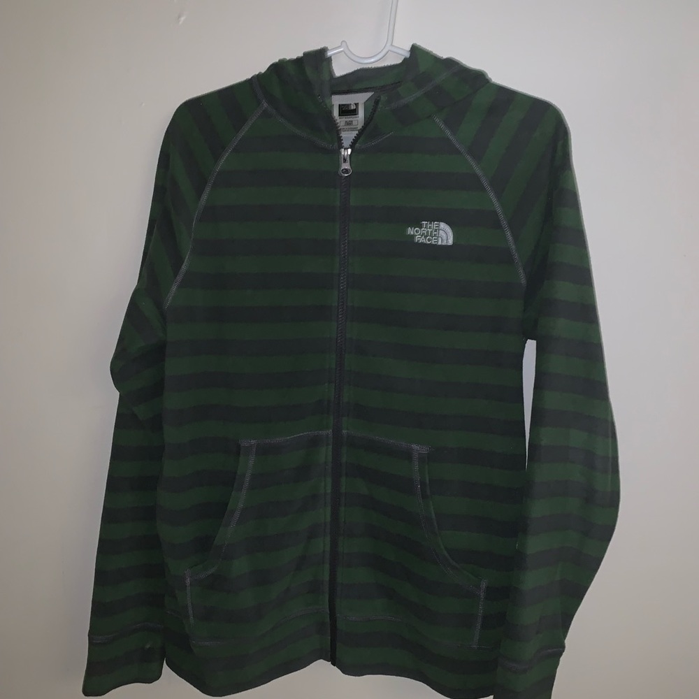 North face green and gray zip up sweater